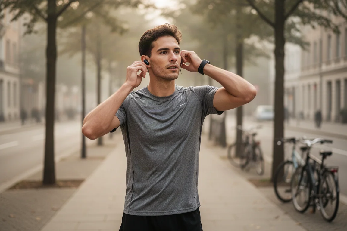 Un coureur insérant un écouteur sans fil debout sur un trottoir calme en lumière matinale