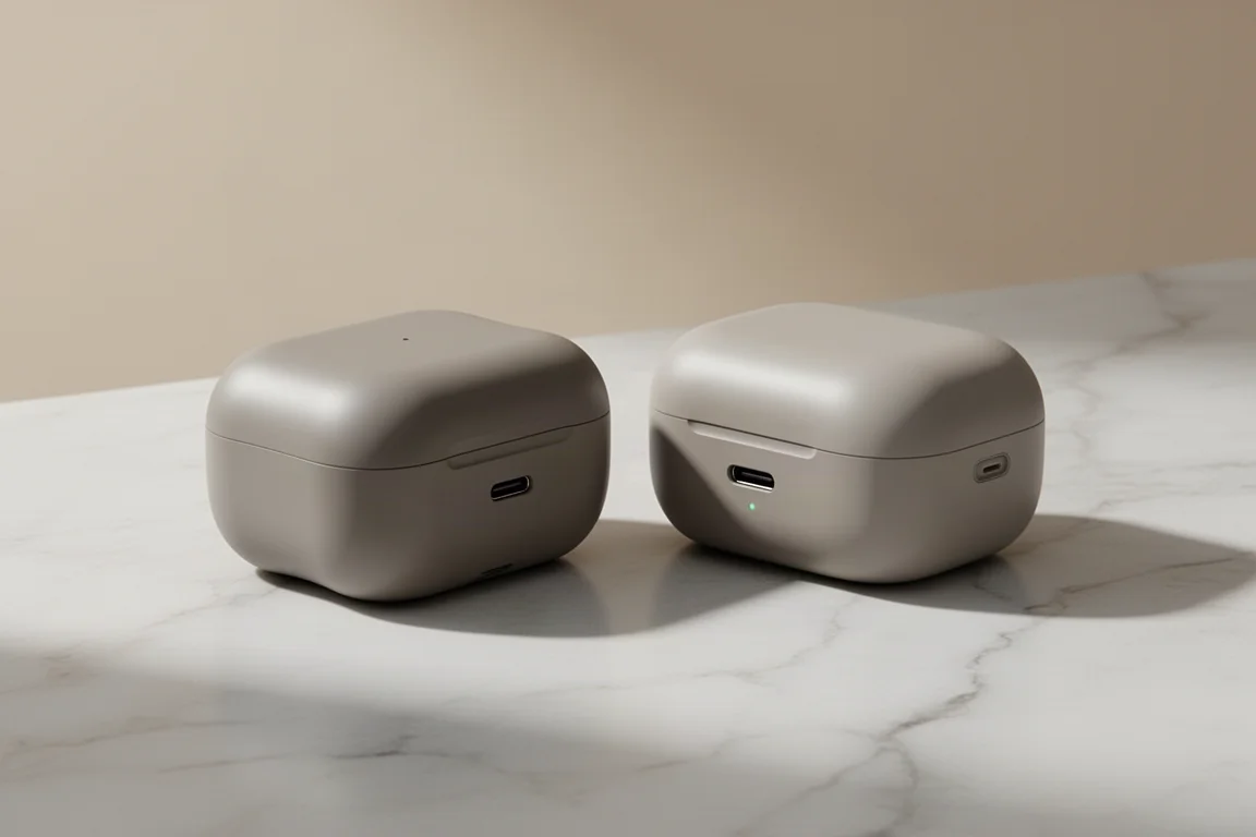 Deux étuis de charge légers pour écouteurs sans fil posés sur une surface en marbre