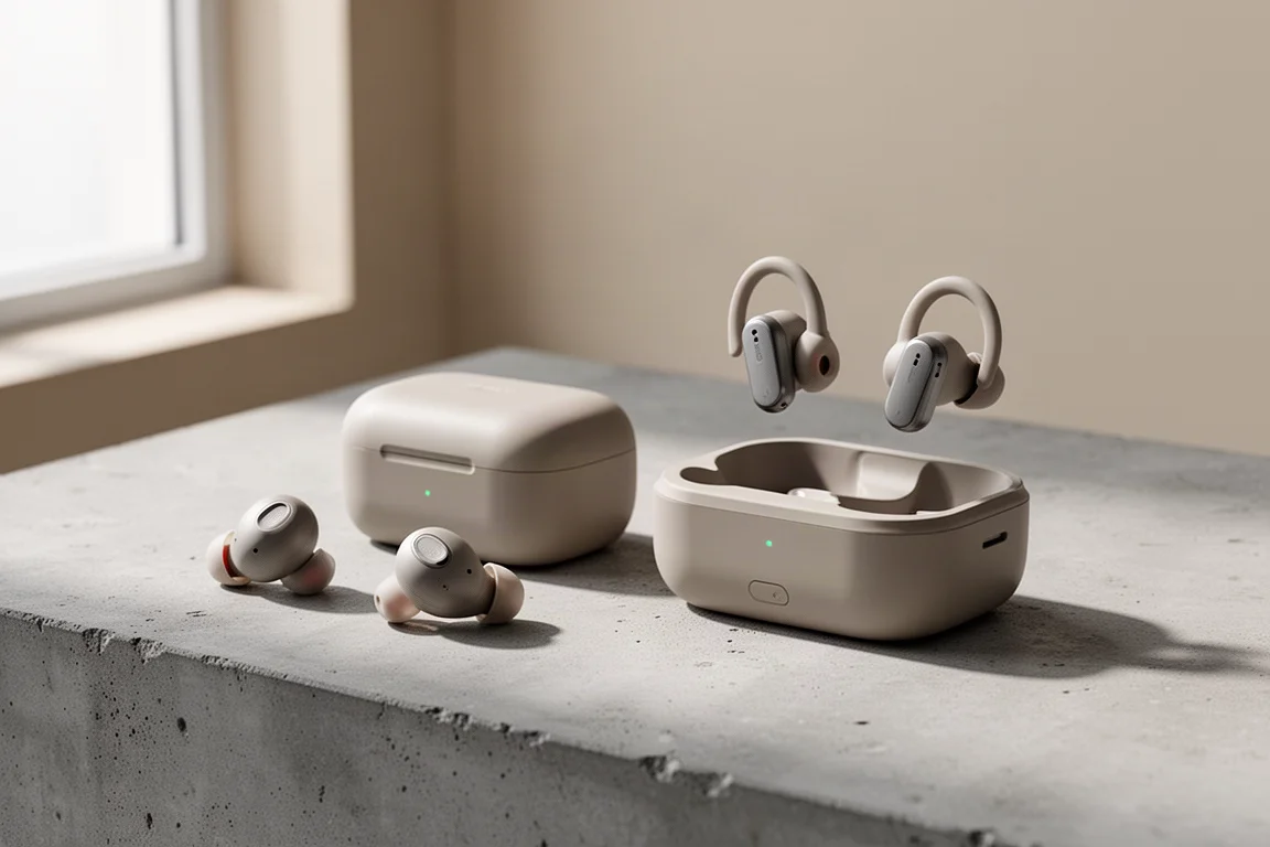 Due paia di auricolari wireless Raycon con le loro custodie di ricarica su una superficie di cemento