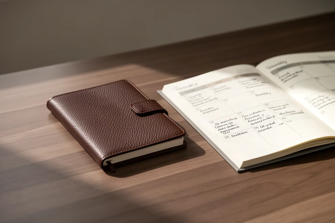 Dark brown leather notebook on a desk beside an open planner page