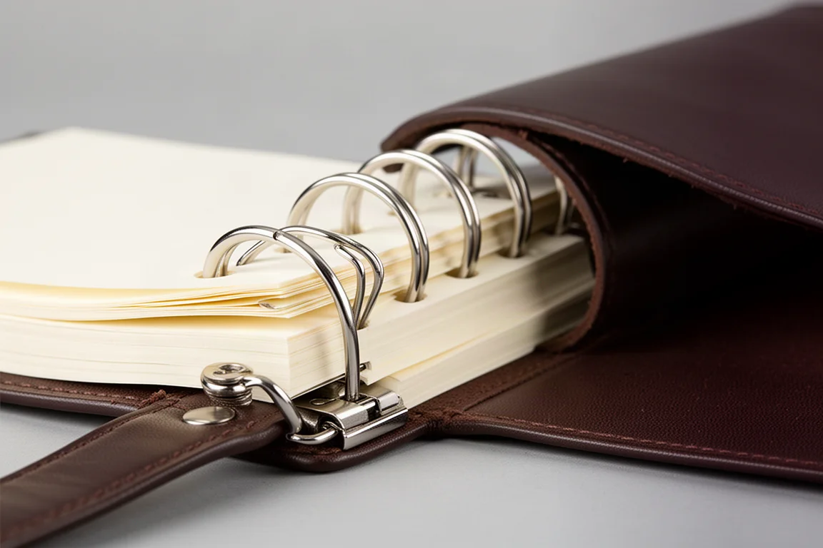 Close-up of the metal ring binding of a leather system notebook