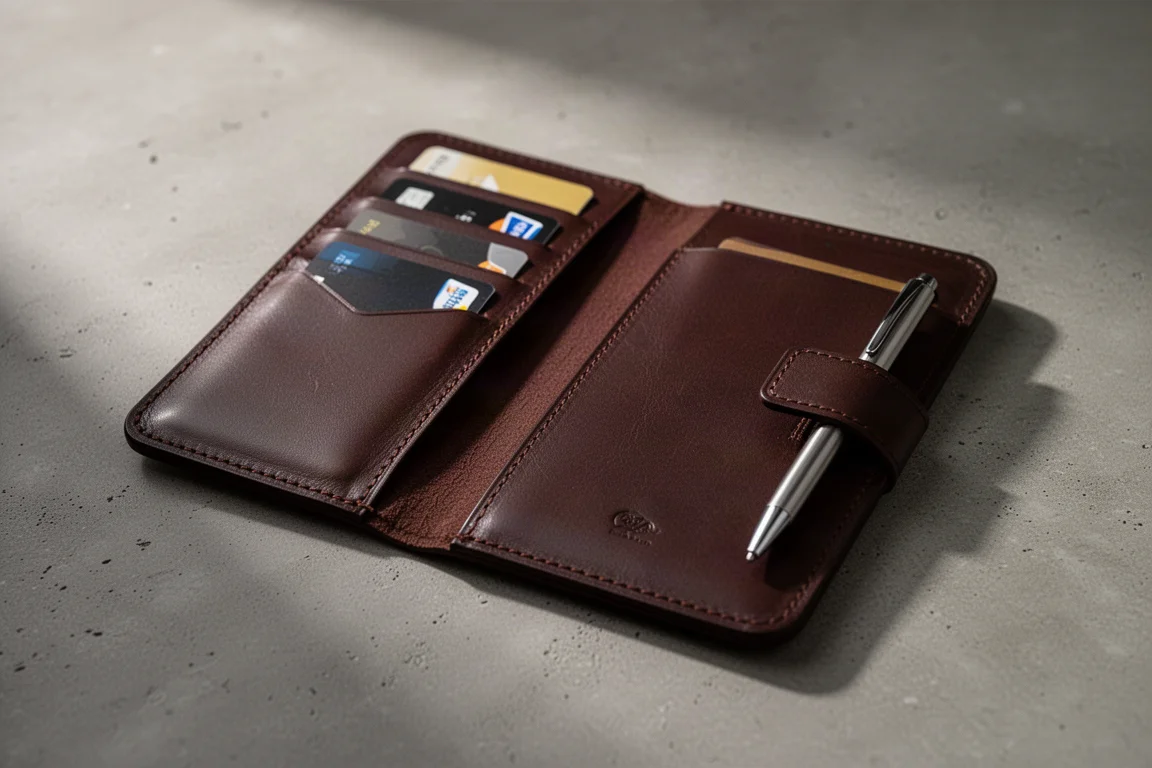 Interior of a leather organizer showing card slots and pockets