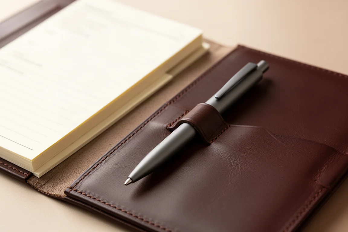 Slim ballpoint pen sliding into the pen loop of a leather notebook