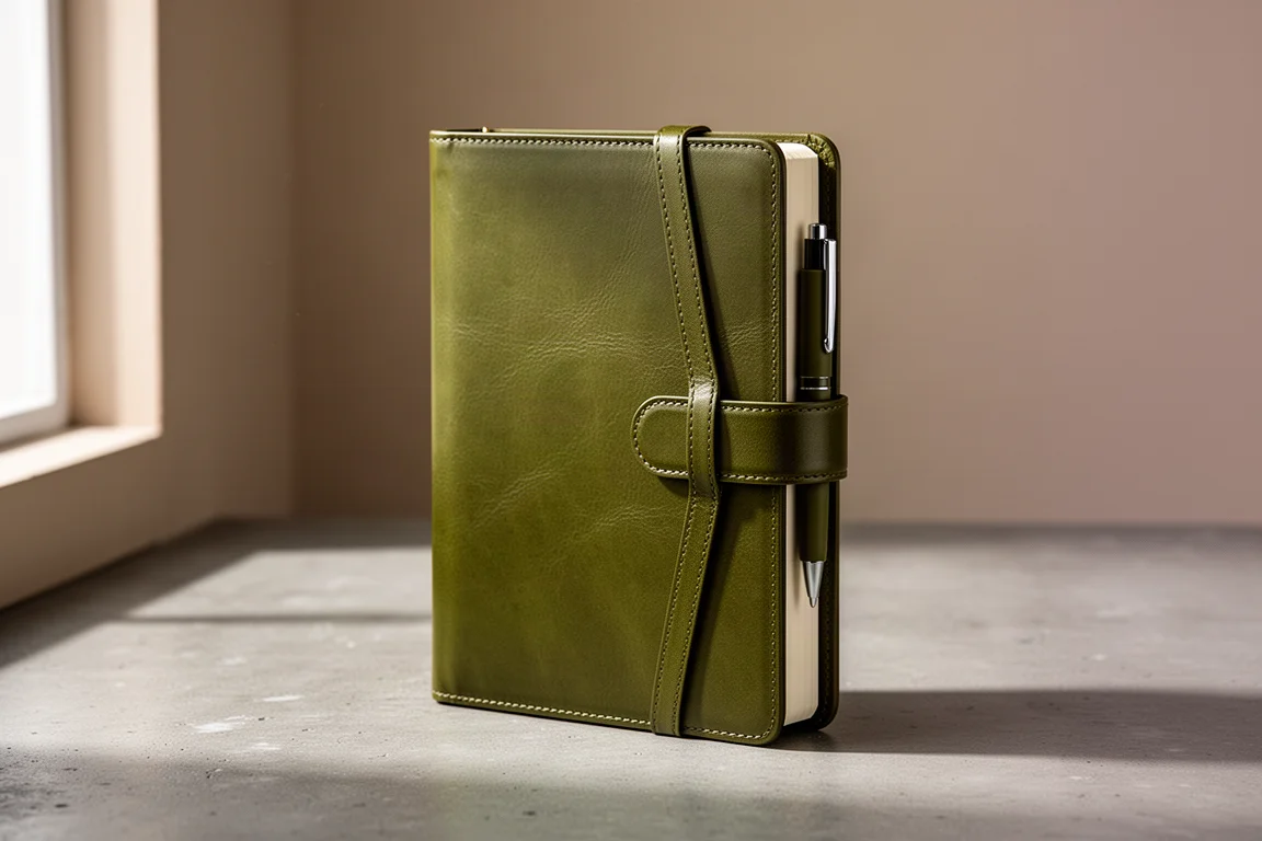 Planner a sistema ad anelli in pelle verde oliva con chiusura a cinghia su superficie di cemento
