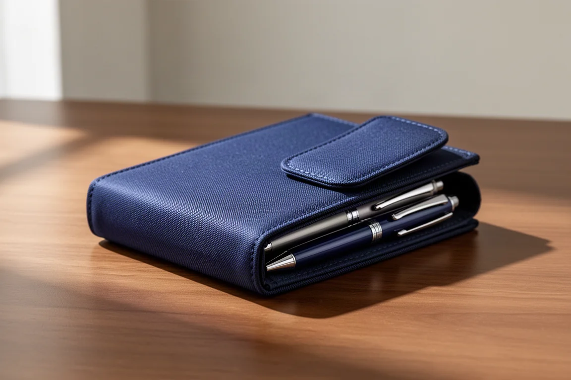 Navy fabric pen case partially folded open on a wooden desk with pens inside