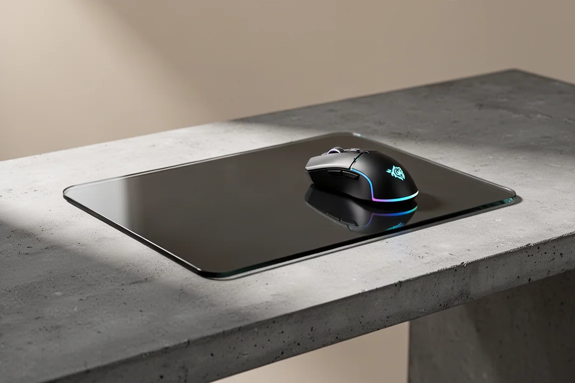Razer Atlas Pro 超薄玻璃滑鼠墊置於霧面水泥桌上，搭配電競滑鼠