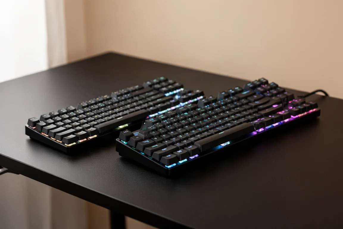 Razer Huntsman V3 霍爾效應 65% 與 TKL 鍵盤置於桌上