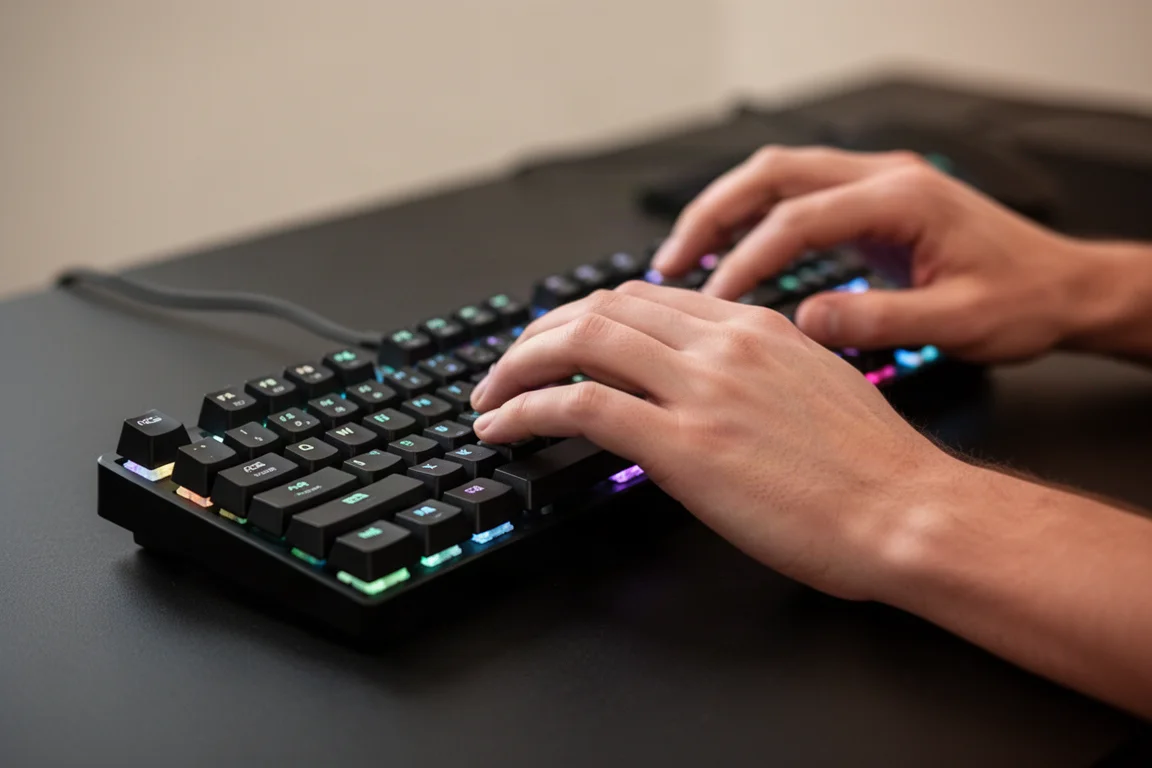 玩家雙手在黑色無數字鍵盤上打字的特寫,鍵盤帶有 RGB 背光