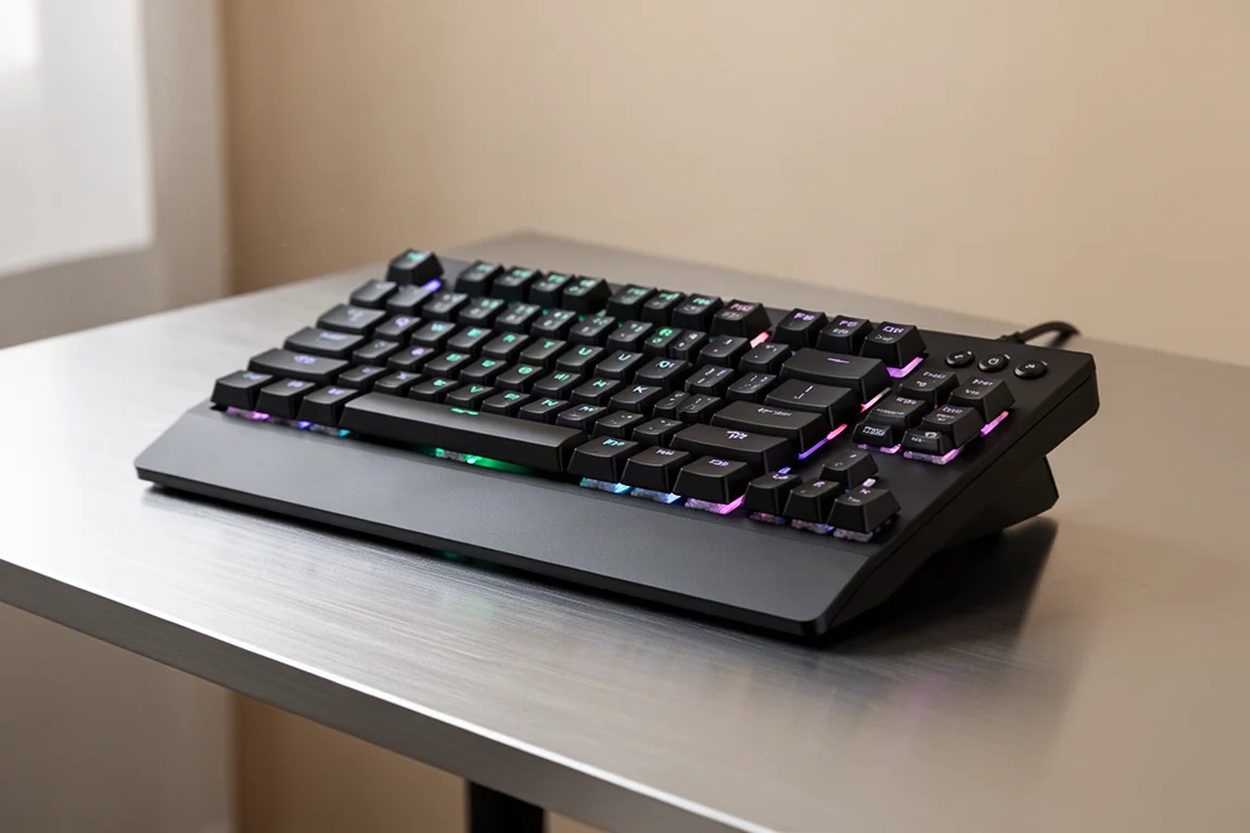 Razer Huntsman V3 Pro TKL 低軸版鍵盤置於髮絲紋鋁合金桌面