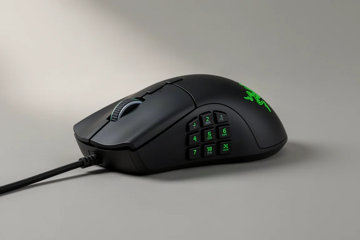 Razer Naga V3 Pro 電競滑鼠，配備 12 鍵側板，置於灰色背景前