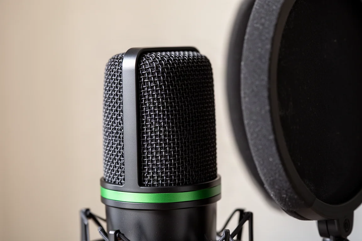 Gros plan sur la grille du microphone Razer Seiren V3 Pro avec bande d'accent verte