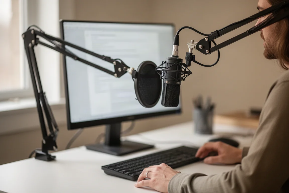 Streamer parlant dans un microphone monté sur une perche à un bureau