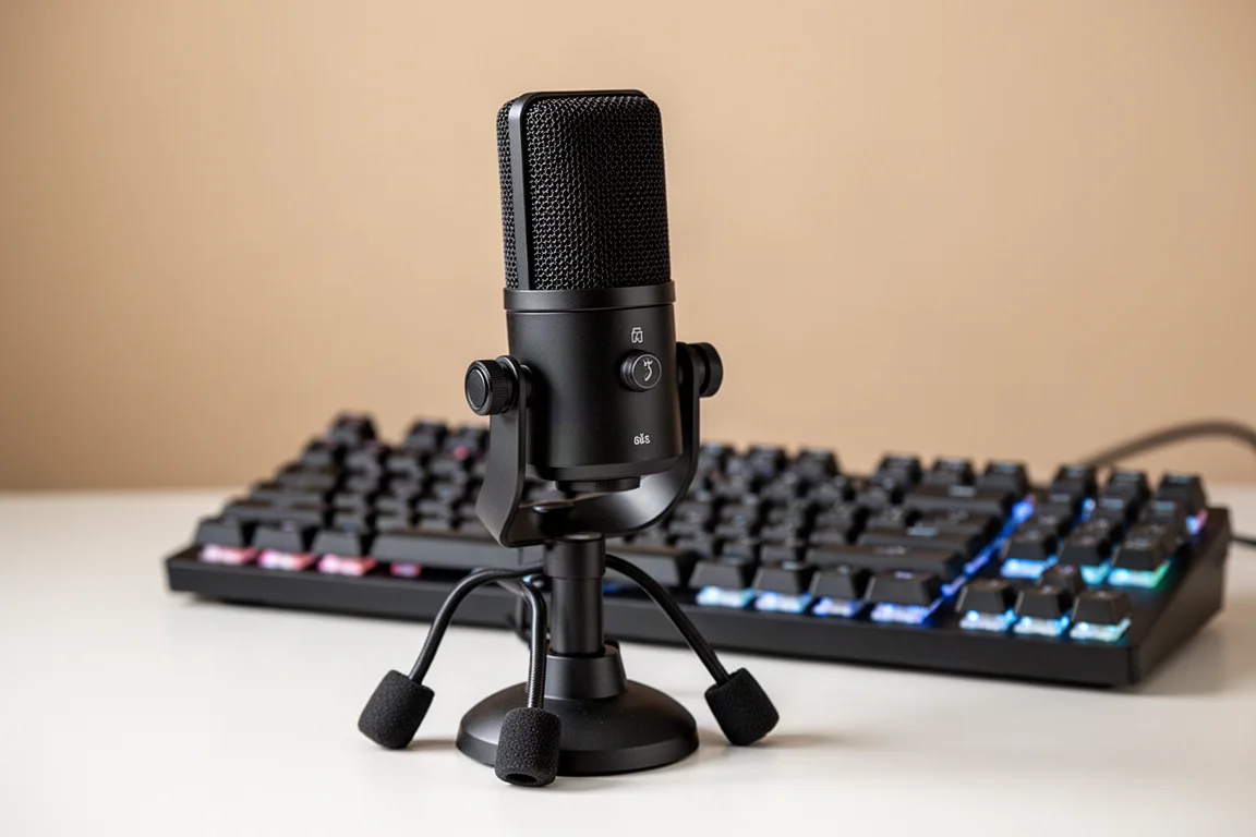 Microphone sur un pied de bureau avec un clavier mécanique en arrière-plan