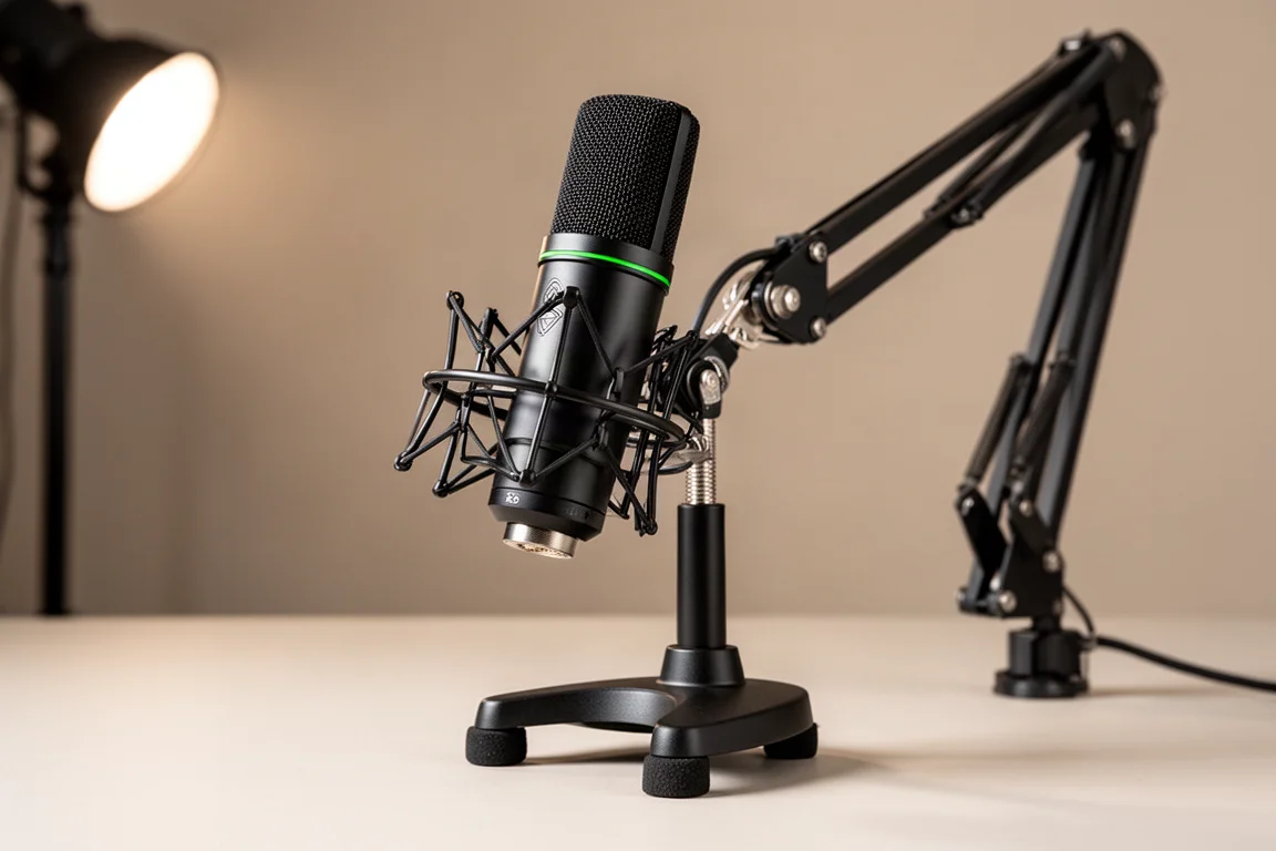 Razer Seiren V3 Pro 麥克風置於桌面支架上，搭配金屬懸臂