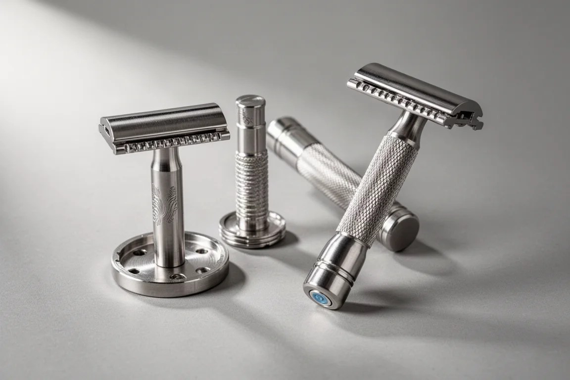 Razor Emporium Winning Safety Razor、Denton Majik D24 刮鬍皂與鬍後水置於水泥表面上