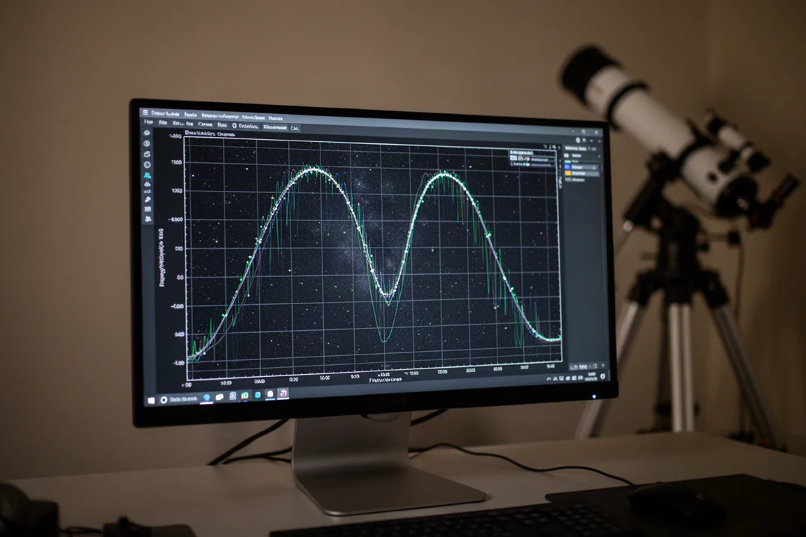 Astrofotografie-Fokusverlaufsdiagramm auf einem Computerbildschirm, das eine glatte V-Form zeigt