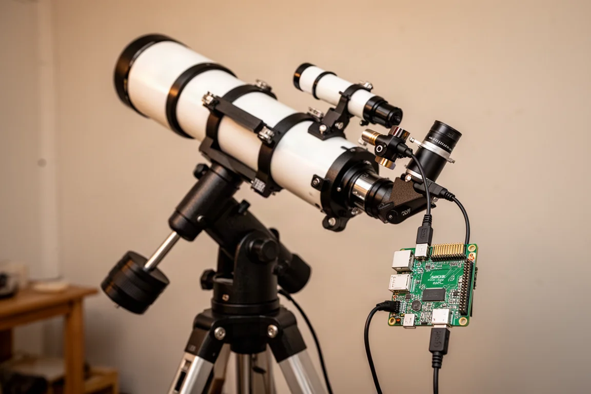 Astrofotografie-Setup mit einem Teleskop und einem kleinen Einplatinencomputer, der über ein USB-Kabel verbunden ist