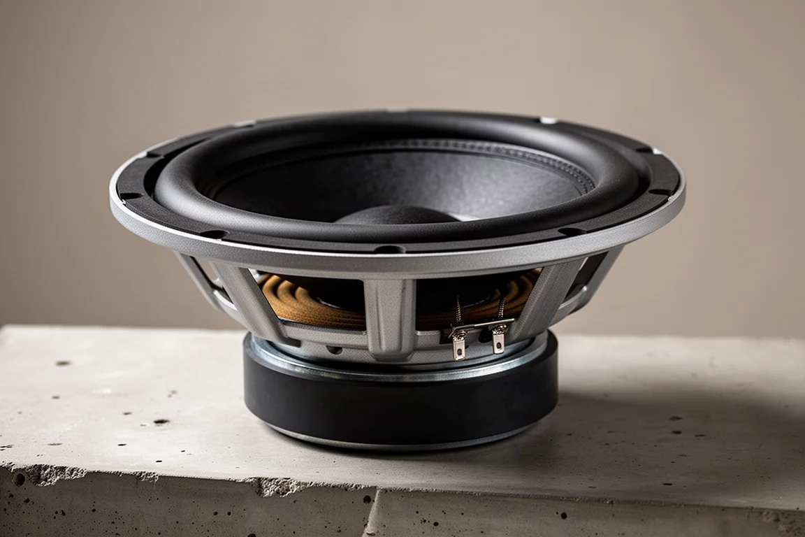 Close-up of a bare 12-inch subwoofer driver with a cast basket on concrete