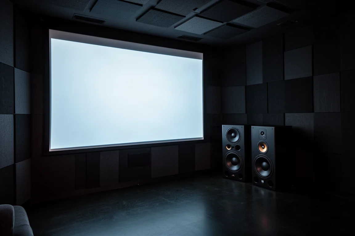 Dimly lit home theater room with large black subwoofer cabinets in the corner