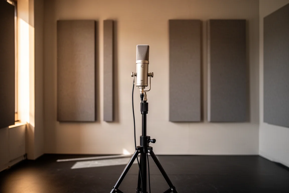 Measurement microphone on a stand in a softly lit listening room