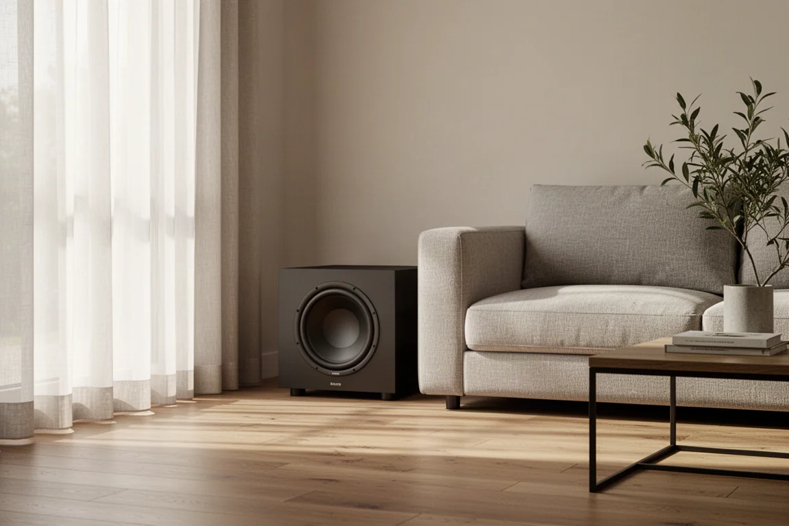 Low-profile black subwoofer placed against the wall behind a living room sofa