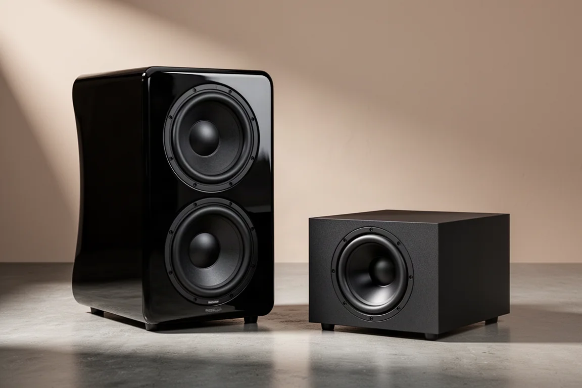 Two RBH 1212 subwoofers side by side, a rounded piano-black ported cabinet and a compact sealed model