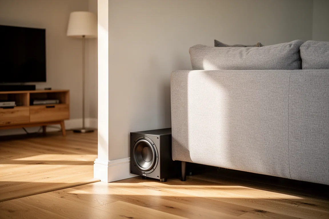 Gabinete de subwoofer fino de perfil baixo montado na altura do rodapé atrás de um sofá de tecido
