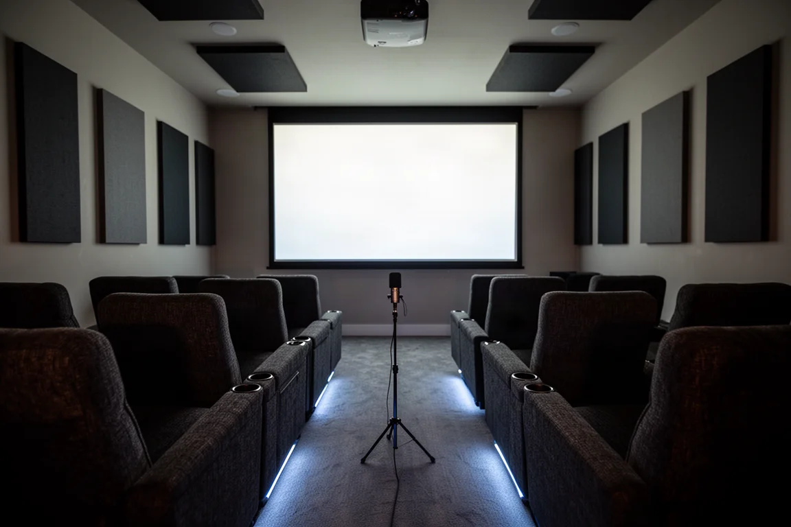 Home theater com iluminação baixa, poltronas escuras, painéis acústicos e microfone de medição em um suporte