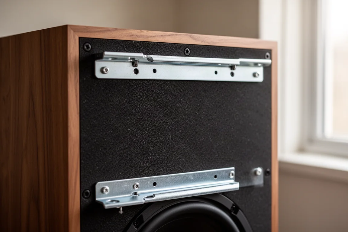 Painel traseiro de um gabinete de subwoofer fino mostrando ferragens metálicas de fixação e revestimento de espuma