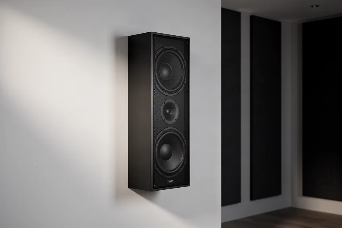 Slim matte black on-wall subwoofer mounted on a pale grey home theater wall