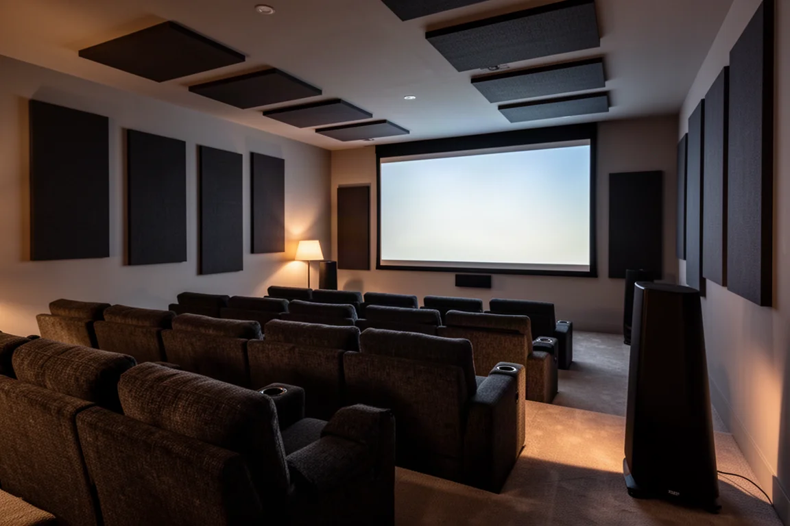 Ampia sala home theater dedicata al crepuscolo con posti a gradinata e un subwoofer nell'angolo