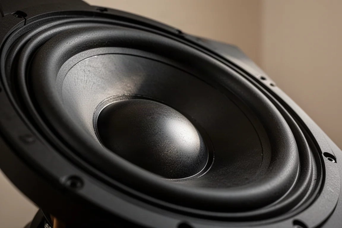 Primo piano di un grande cono di subwoofer nero con sospensione profondamente arrotolata durante l'escursione