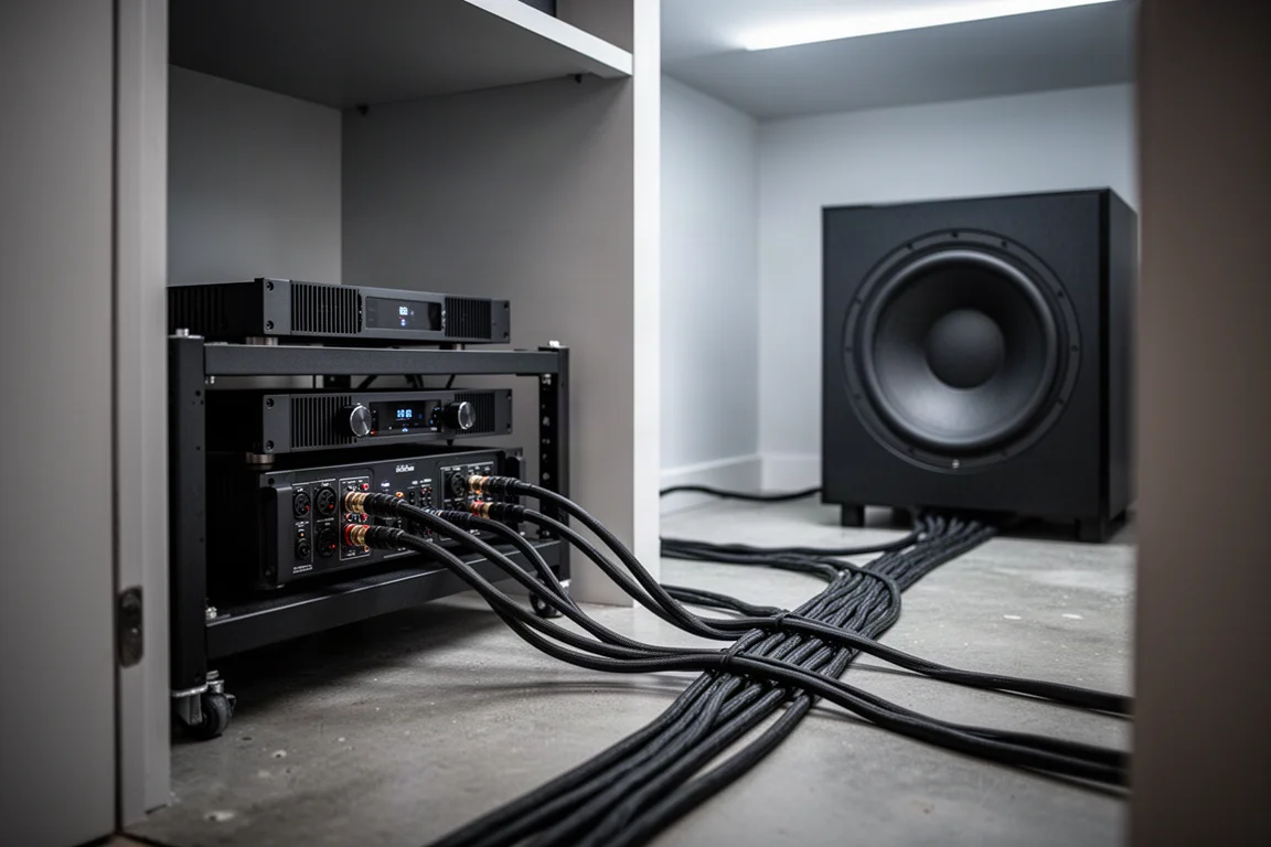 Rack di amplificatori esterni con spessi cavi per diffusori che corrono su un pavimento in cemento