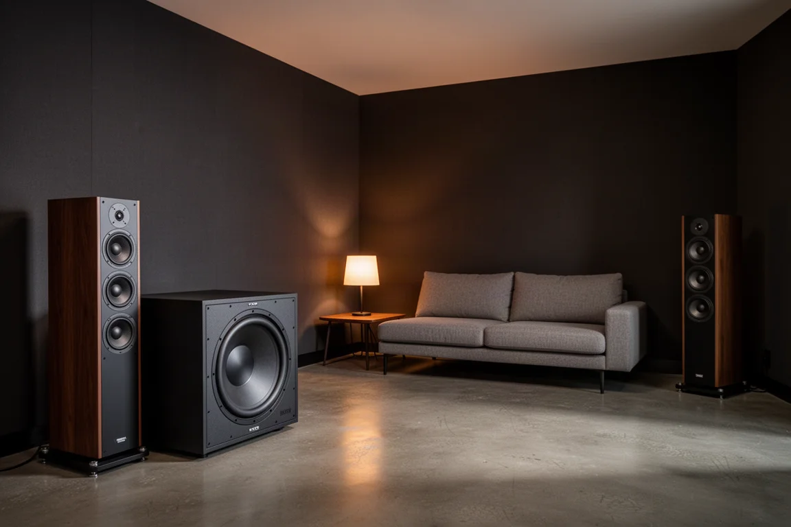 Sala di ascolto con un grande subwoofer posizionato vicino a un angolo e soffusa illuminazione serale