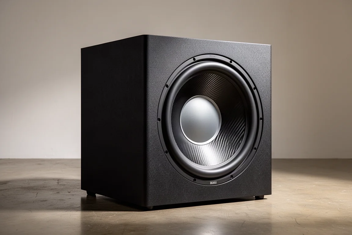 Large sealed home theater subwoofer with exposed 21-inch carbon fiber cone on concrete floor