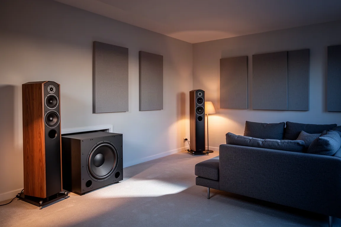 Dedizierter Hörraum in der Abenddämmerung mit einem großen geschlossenen Subwoofer in der Ecke neben Standlautsprechern