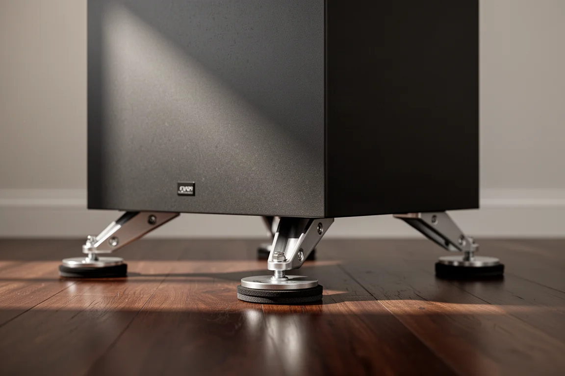 Detailaufnahme von unten von der Basis eines schweren Subwoofer-Gehäuses auf abgewinkelten Auslegern