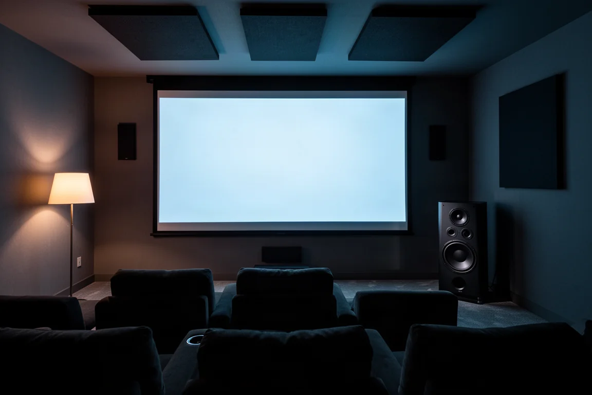 Dunkler Heimkinoraum mit leuchtender Projektionsleinwand und einem hohen Subwoofer in der Ecke