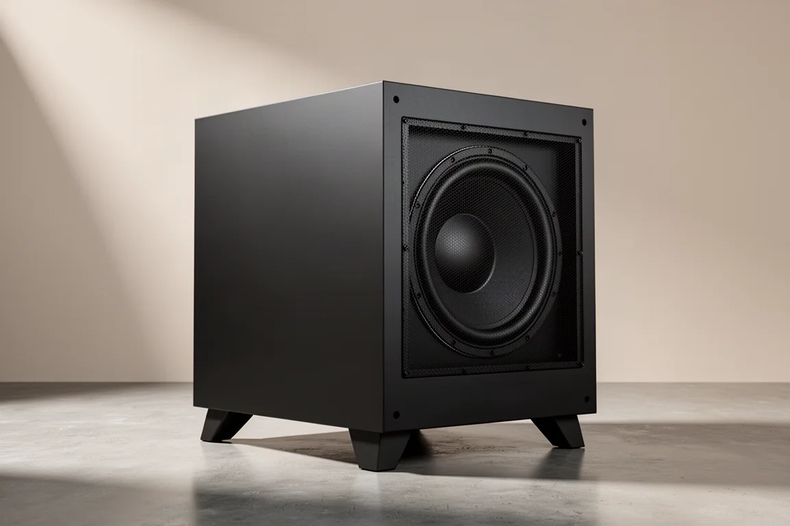 Large matte black sealed subwoofer cabinet on outrigger feet over polished concrete