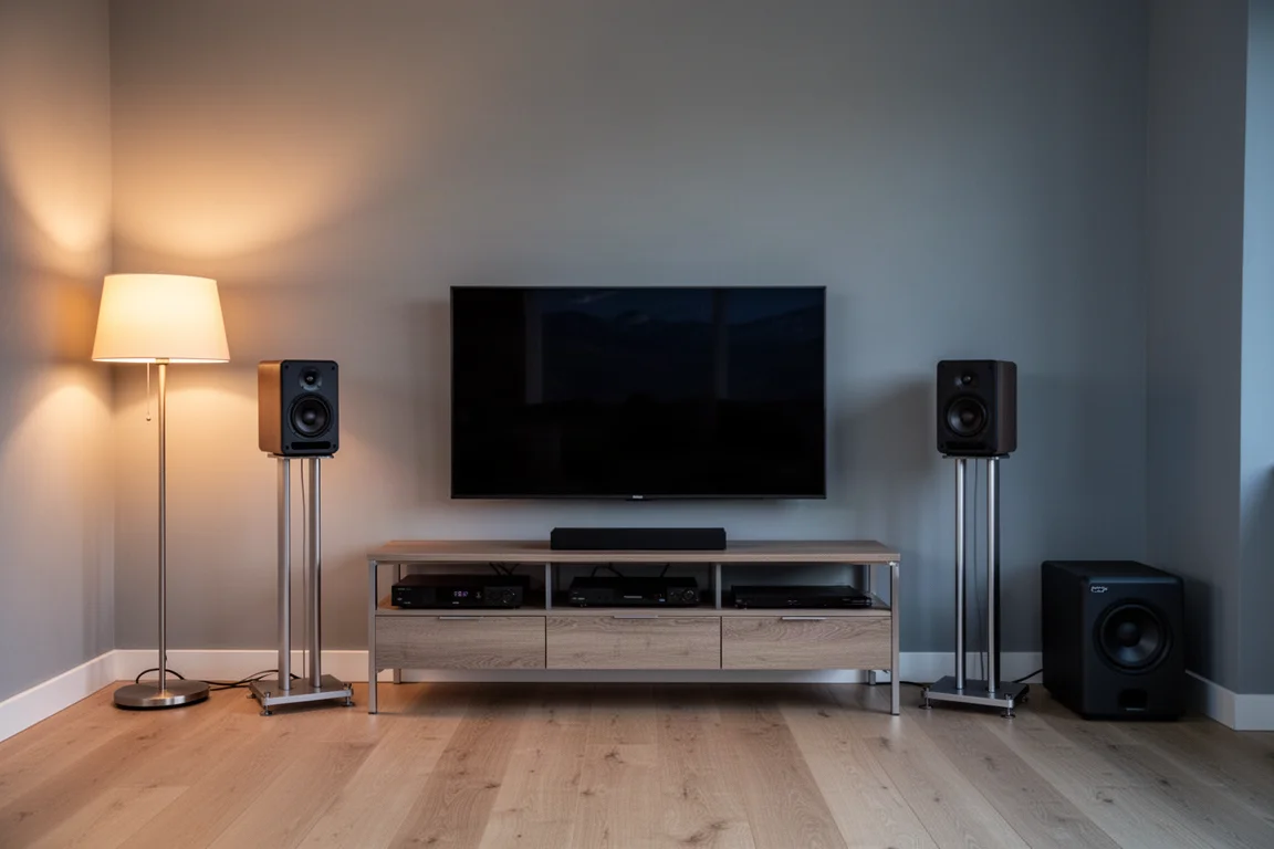 Pequeño home theater en un salón al atardecer con altavoces compactos sobre soportes y un subwoofer en esquina