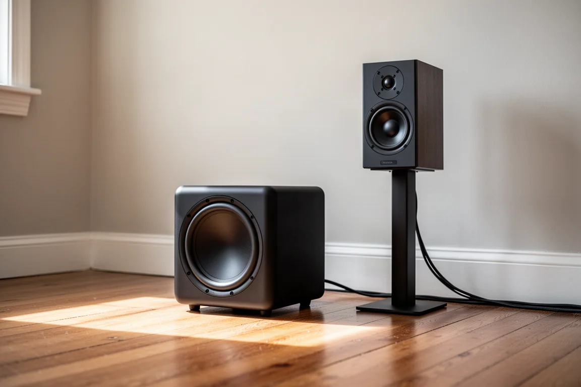 Subwoofer negro compacto sobre suelo de madera junto a un altavoz de estantería con luz suave