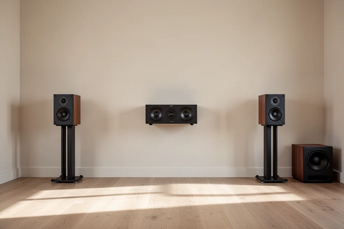 Tres altavoces compactos dispuestos como canal izquierdo, central y derecho de un home theater