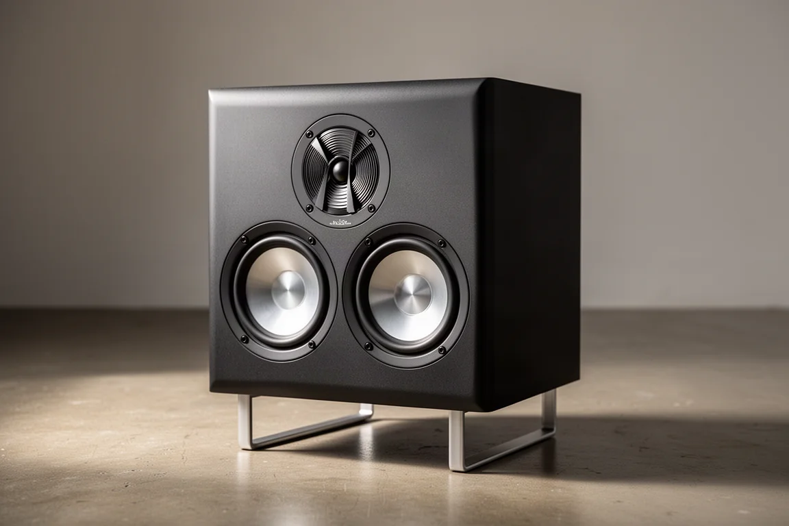 Compact black stand-mount loudspeaker with ribbon tweeter and two aluminum woofers on a metal stand