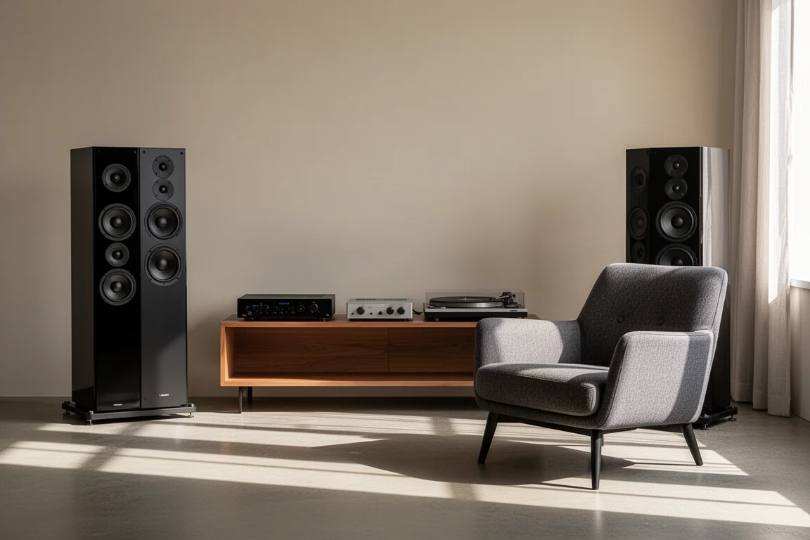 Zwei-Kanal-Hi-Fi-Anlage mit Standlautsprechern und Verstärker in einem hellen Wohnzimmer