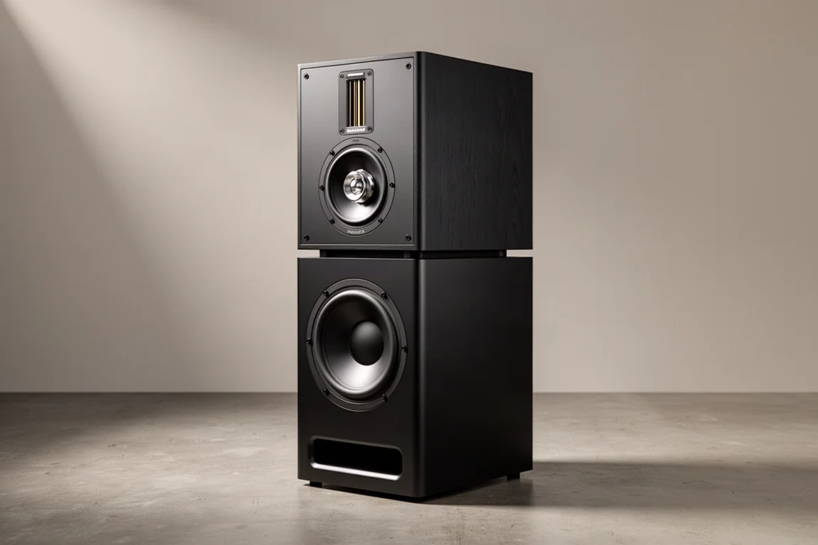Satin black modular tower speaker with ribbon tweeter and side-mounted woofer on concrete