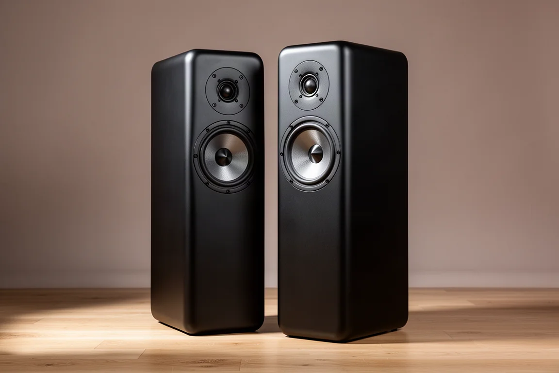 Pair of compact matte black RBH Sound 85i Impression Tower floorstanding speakers on a light oak floor