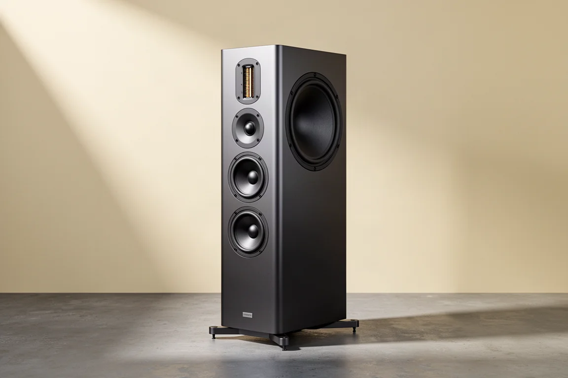 Tall modular three-way floorstanding loudspeaker in dark satin finish on outrigger feet