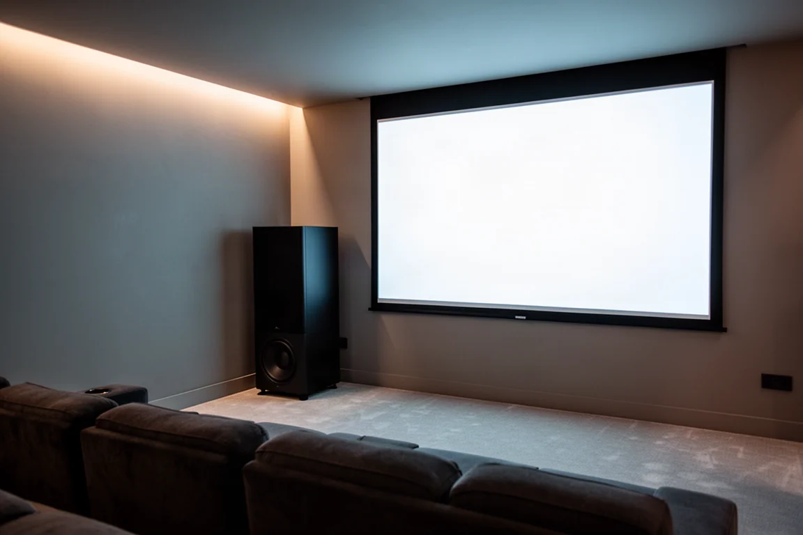 Schwach beleuchteter Heimkinoraum mit Projektionsleinwand und einem hohen Subwoofer in der Ecke