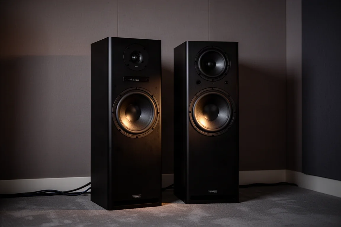 Zwei hohe Subwoofer-Gehäuse nebeneinander an der Rückwand eines dunklen Hörraums