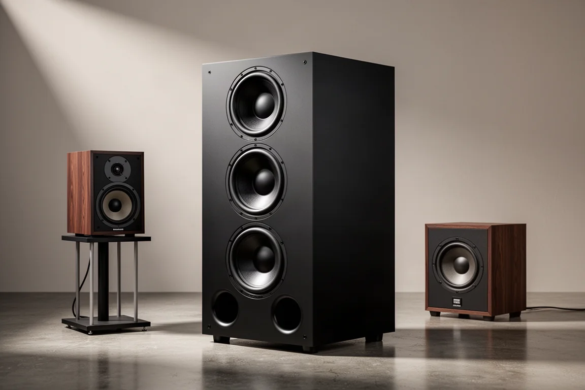 Large dual-driver subwoofer, compact subwoofer and powered studio monitor on a concrete floor